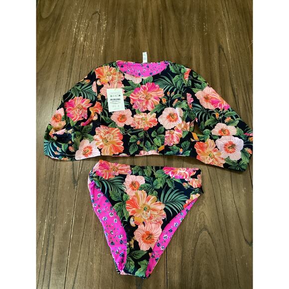 Maaji Floral reversible Long Sleeve Swim Top High Waist Bikini Bottom Set XL - Picture 3 of 9